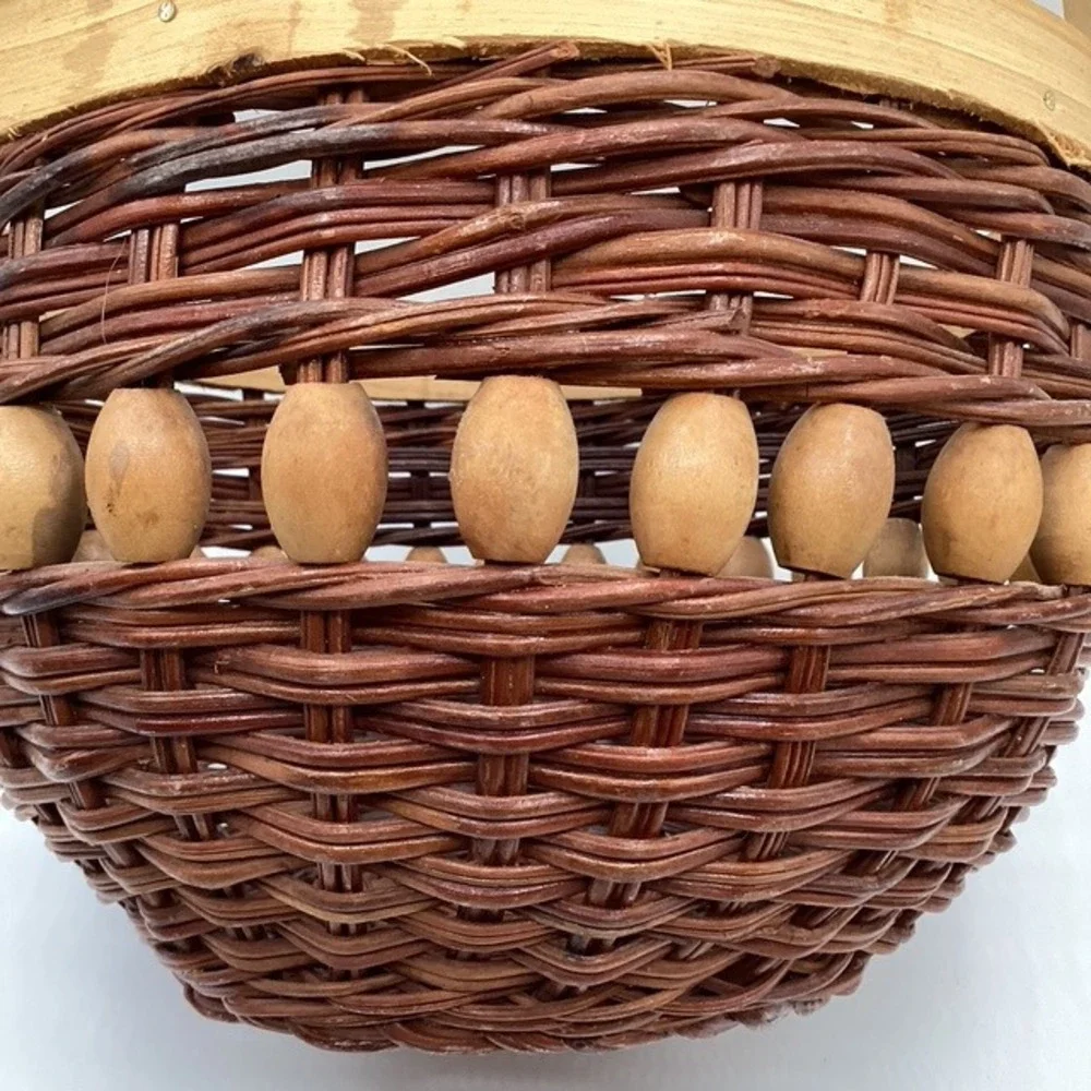 Rustic Wicker Basket Wood Handle Decorative Beads 6